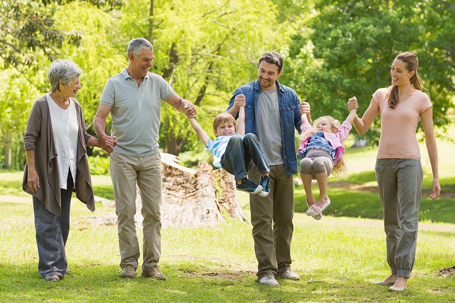 About Our Agency - Two Small Children are Playfully Being Carried By Their Parents and Grandparents While Walking Through a Green Park on a Sunny Day